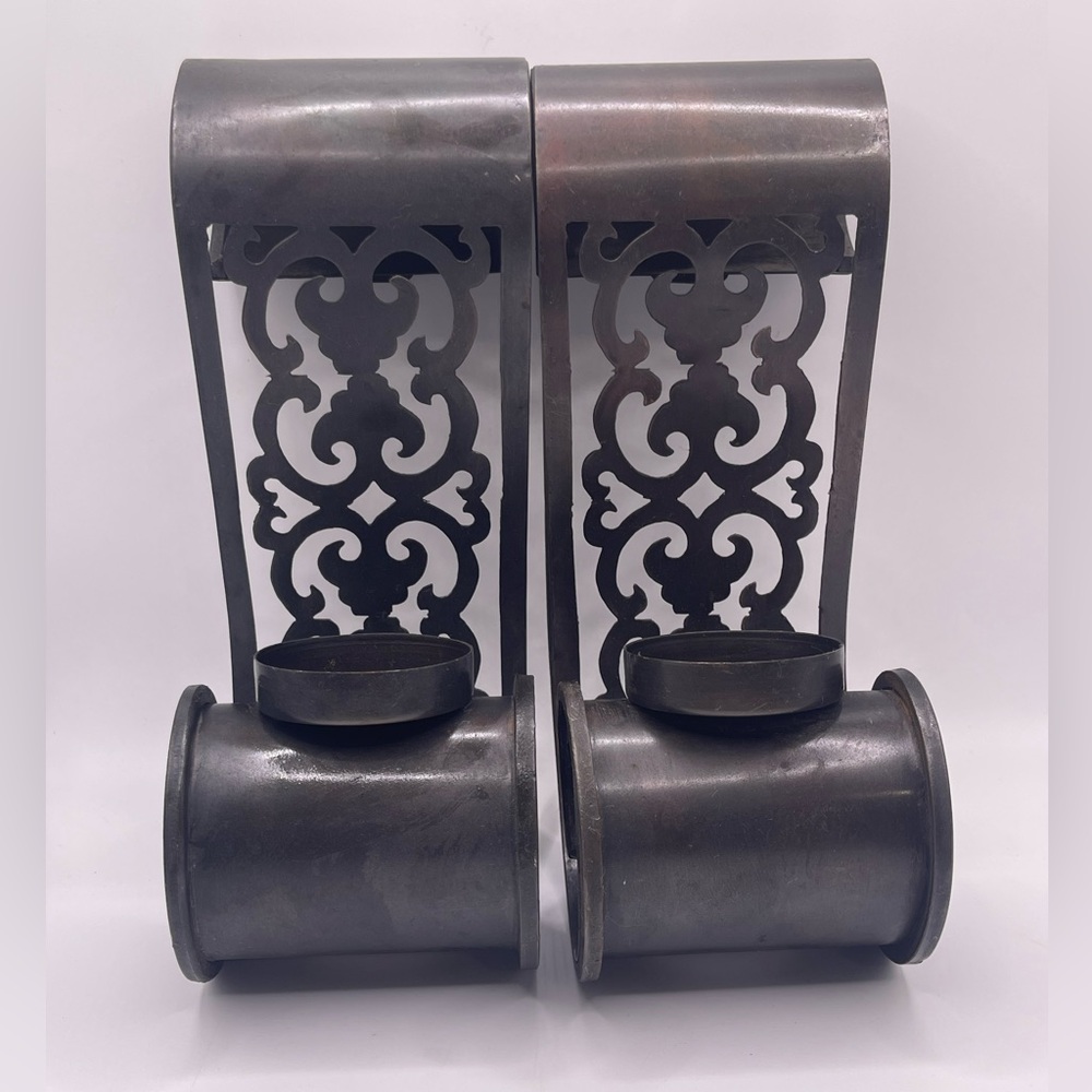 SET OF 2 VINTAGE WALL SCONCES BROWN METAL W/CANDLE HOLDERS